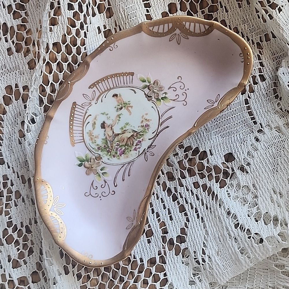Vintage Handpainted Floral Cherubim Pink Gold Tone Accent Trinket Dish